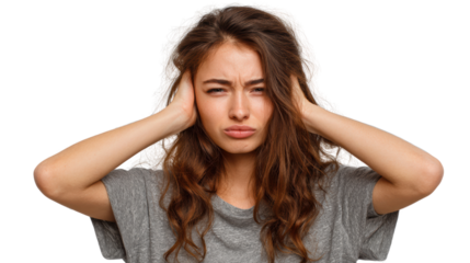 A frustrated woman expressing distress with her hands on her ears against a transparent background.