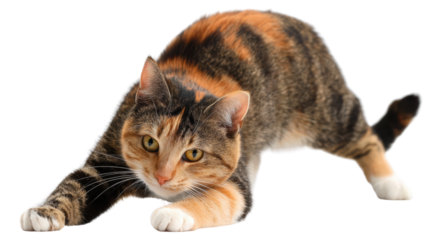 A playful cat stretching and getting ready to pounce, isolated on a white background.