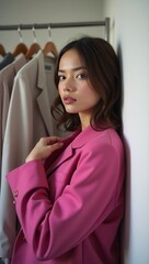 Obraz premium Stylish woman in a pink blazer posing near a clothing rack with neutral-toned jackets