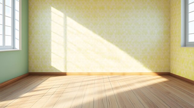 Empty Room Sunlight Wooden Floor Yellow Wallpaper Green Wall Corner Interior Design