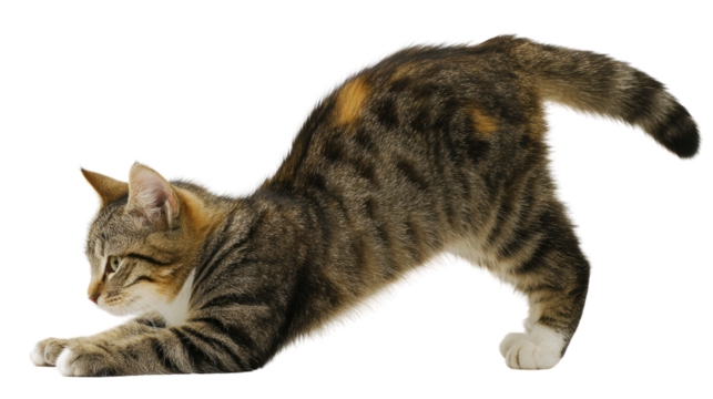 A playful cat stretching on a white isolated background.