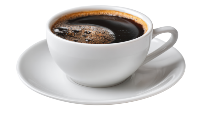 A steaming cup of black coffee on a saucer, white isolated background, perfect for beverage themes.