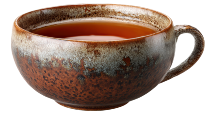 Ceramic cup filled with steaming tea on a white isolated background.