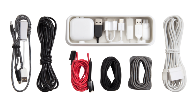 Assorted charging and data cables arranged neatly on a white background for easy access.