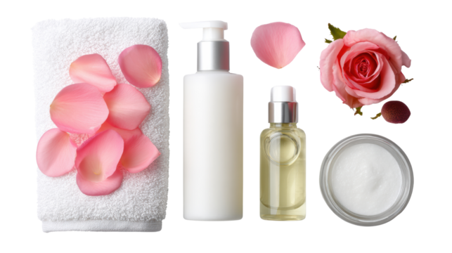 Beauty products with rose petals on a white towel, perfect for self-care and relaxation.