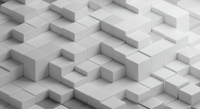 Abstract 3d white cubes in a geometric pattern with varied heights and shadows