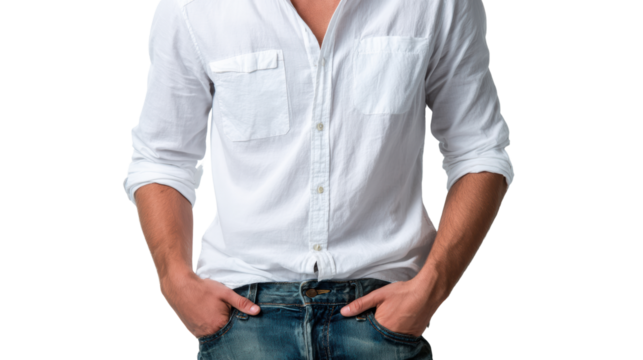 Casual young man in white shirt and jeans, hands in pockets, isolated on white background. - Powered by Adobe