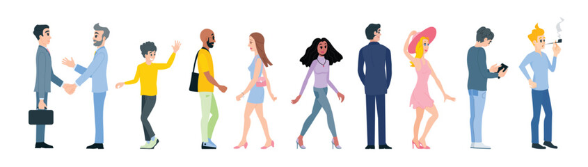 A set of vector illustrations of men and women. Group of people. 