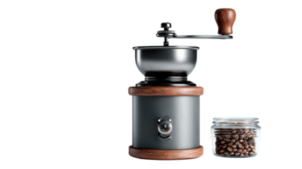 Coffee grinder with wooden handle and jar of coffee beans, isolated on white background.