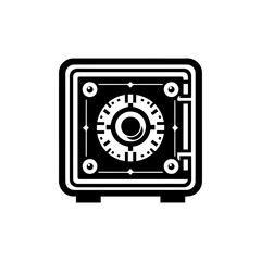 A stylized, black and white illustration of a safe with a complex dial and a handle.