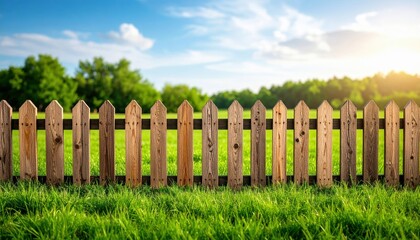 Fototapeta premium A beautiful wooden fence stands against a lush green field under a bright blue sky, symbolizing peace and natural tranquility.