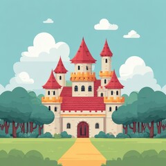 Fairytale Castle Pixel Art Red Roofed Stone Castle Amidst Lush Green Trees