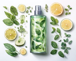Fresh, vibrant fragrance bottle surrounded by citrus and mint