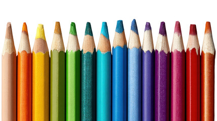 Colorful pencils lined up, ideal for artistic creativity and design activities, white isolate background.