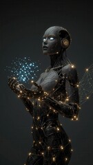 Naklejka premium Futuristic humanoid robot with glowing lights holding a cluster of blue particles in a dark background