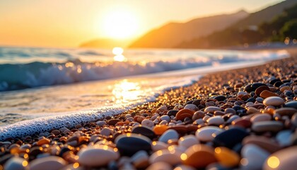 Obraz premium A serene beach scene featuring smooth pebbles at the shoreline, with gentle waves and a golden sunset in the background.
