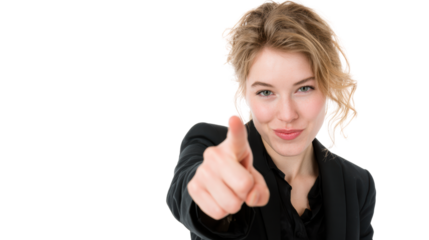 Confident businesswoman pointing at camera, isolated on white background.