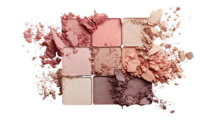 Colorful makeup palette with various powder shades on a white isolated background.