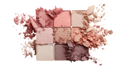 Colorful makeup palette with various powder shades on a white isolated background.