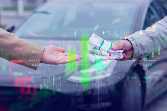 Two hands exchange a stack of cash in front of a car, overlaid with a vibrant stock market graph. Concepr financial transactions and investment. - Powered by Adobe