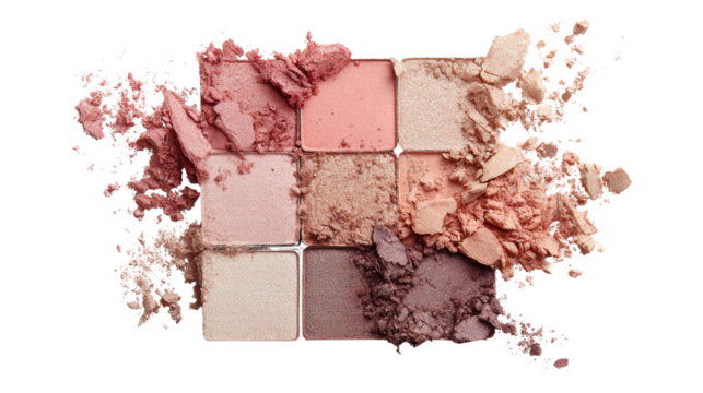 Colorful makeup palette with various powder shades on a white isolated background.