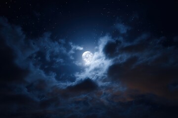 Night Sky With Full Moon Shining Brightly Amidst Clouds and Tiny Stars