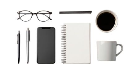 Desk workspace with coffee, notepad, pens, smartphone, and glasses on a white background.