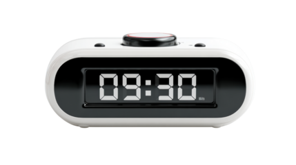 Digital alarm clock showing 09:30 in modern design, white isolate background.