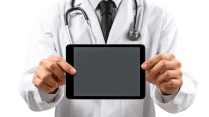 Doctor holding digital tablet, white isolate background.