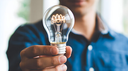 Idea, Innovation, and Inspiration Concept. Man Holding Illuminated Light Bulb with Glitter Effect