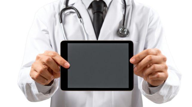 Doctor holding digital tablet, white isolate background.