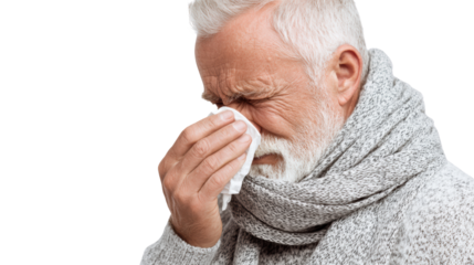 Elderly man with gray hair suffering from a cold, holding a tissue close to his face.