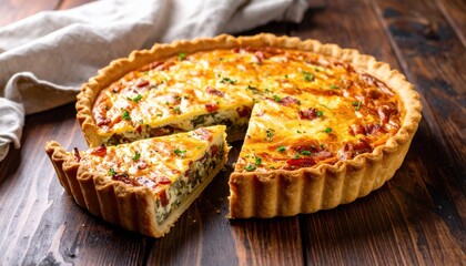 Delicious, freshly baked quiche with vibrant vegetables and a golden crust, perfect for brunch or any meal.