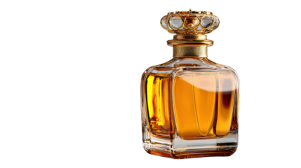 Elegant glass perfume bottle filled with amber liquid, isolated on a white background.
