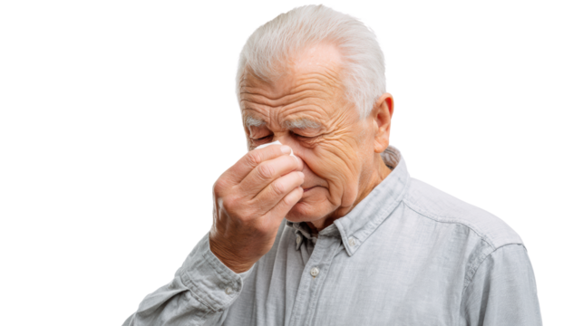 Elderly man touching his nose, expressing discomfort or annoyance, isolated on a white background.