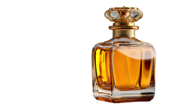 Elegant glass perfume bottle filled with amber liquid, isolated on a white background.