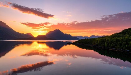 Obraz premium Stunning sunset over a peaceful lake, showcasing vibrant colors and surrounding mountains reflecting in the water.