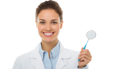 Female dentist smiling, holding dental mirror, white isolated background.