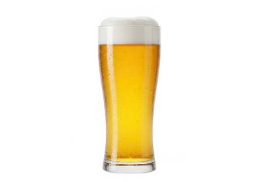 A tall glass of light golden beer with a thick head of foam is shown isolated on transparent background