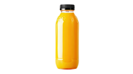 Fresh orange juice bottle with vibrant color on a white background, perfect for healthy lifestyle concepts.