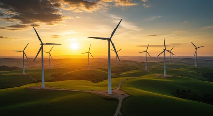 Majestic wind turbines stand tall across rolling green hills at sunset showcasing a beautiful renewable energy landscape