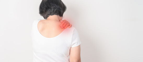 Elderly Woman having Shoulder Pain for Muscle Inflammation and Sprain, Myofascial ache syndrome and...