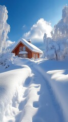 Snowy winter cabin nestled in a snow-covered landscape