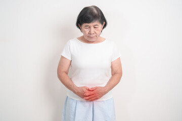 Elderly woman having Bladder pain for concepts of Bladder disease, Cancer Awareness Month May,...