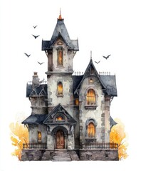 Obraz premium Mysterious Grey Stone Gothic House Watercolor Painting with Bats and Autumn Leaves