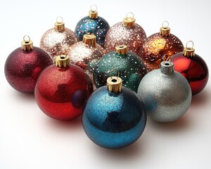 Colorful Christmas ornaments clustered on white background