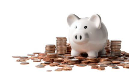 Piggy bank surrounded by coins, symbolizing saving and financial planning.