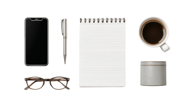 Office workspace with notebook, pen, smartphone, coffee cup, and glasses on a clean white background.