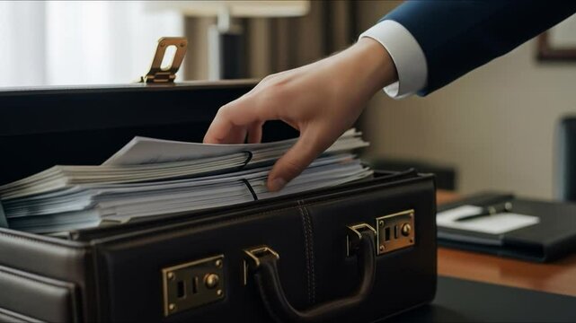 Professional organizing and handling of important business documents inside a briefcase