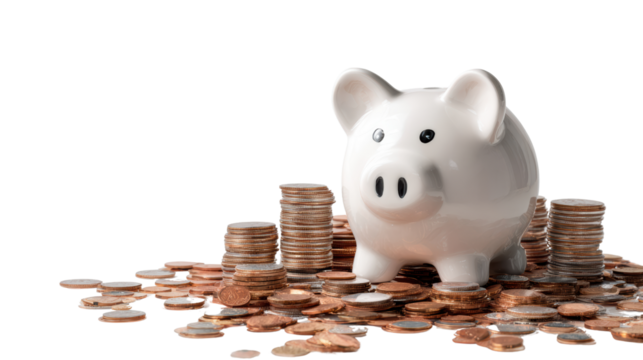 Piggy bank surrounded by coins, symbolizing saving and financial planning.